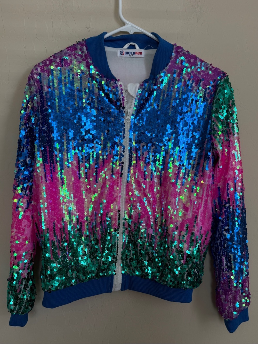 Sequin Glam Multicolor Bomber Jacket Blue, Pink & Green Stage Costume XS Women’s